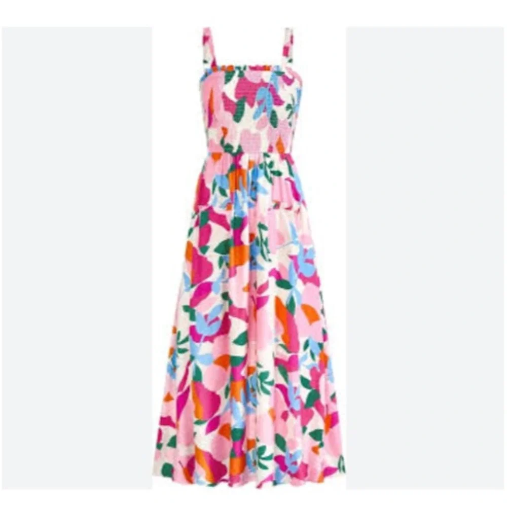 Boho Smocked Floral Maxi Dress Square Neck Spaghetti Strap Pocket Cottagecore M